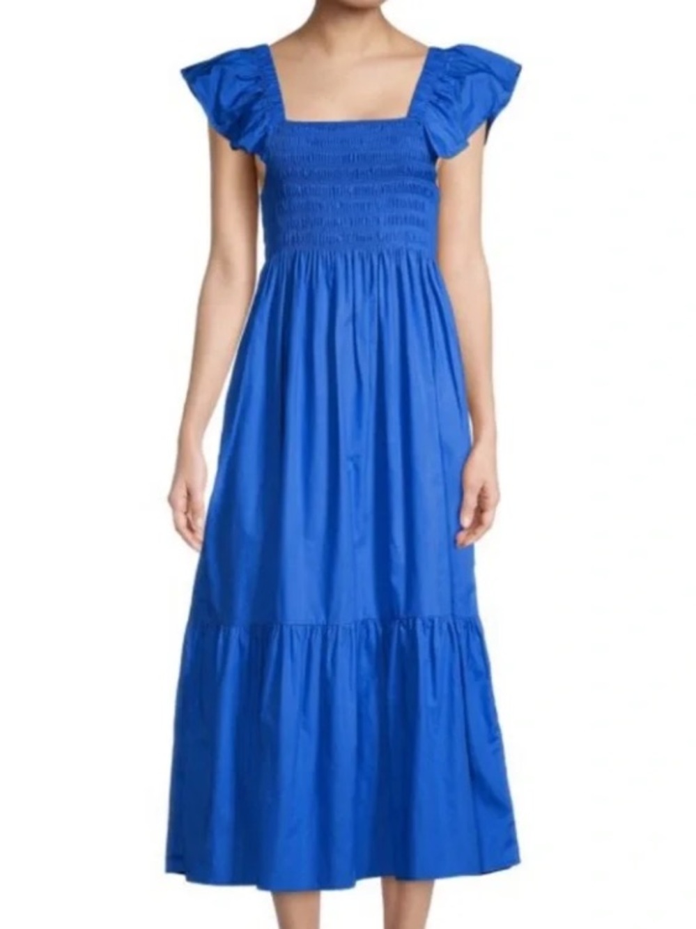Caara Blue Smocked Ruffle Sleeve Midi Dress Extra Small